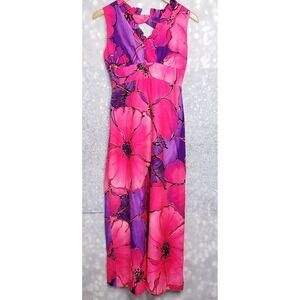 Vintage Lilia Hawaiian Empire Waist Dress Pink & Purple Floral Barkcloth SZ 7/8